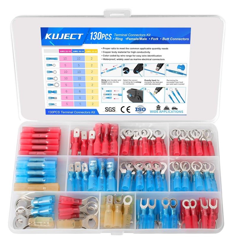 Kuject 130PCS Heat Shrink Wire Connectors Kit, Electrical Waterproof Crimp Butt Terminals, Insulated Spade Connectors for Automotive Marine Boat Truck, Include Rings Forks Spade Butt Splices - Image 1
